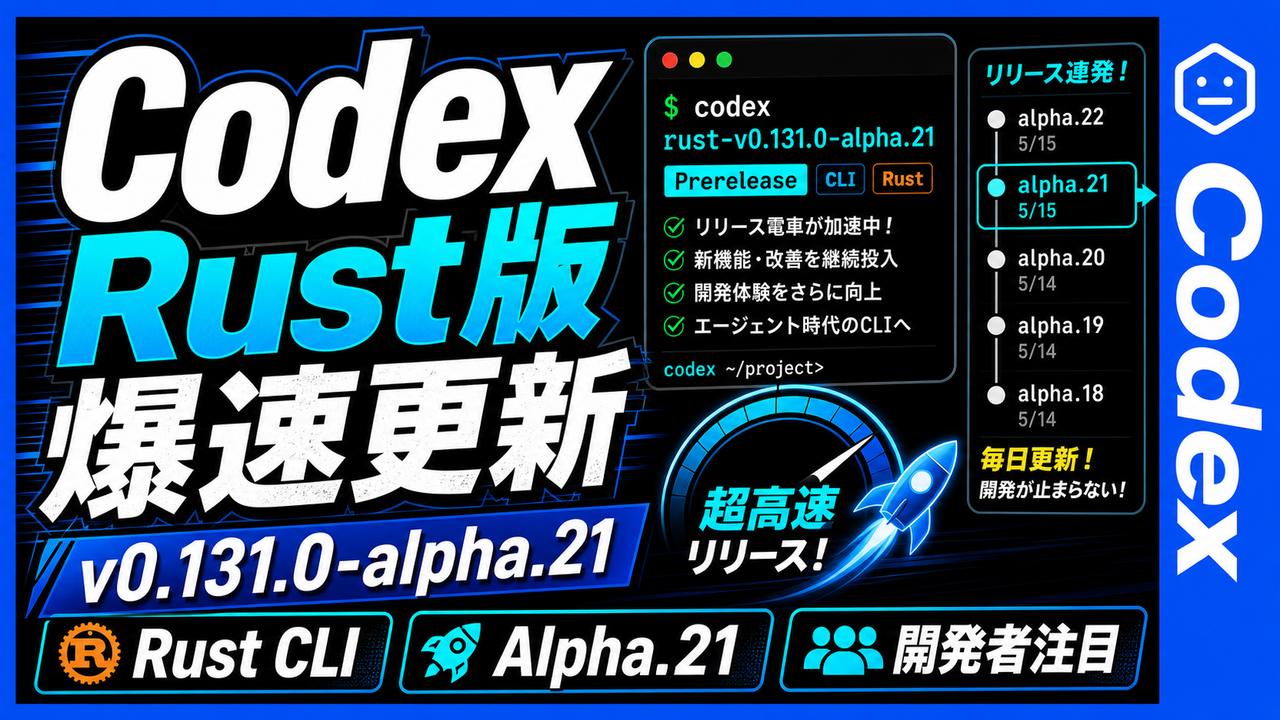 Codex Rust 版のプレリリース 0.131.0-alpha.21 が公開